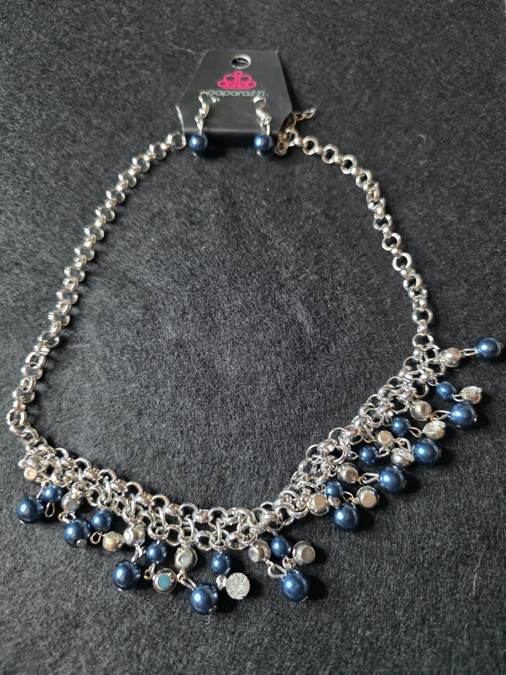 Paparazzi Silver Necklace with Navy Blue Pearl Dangles B33
